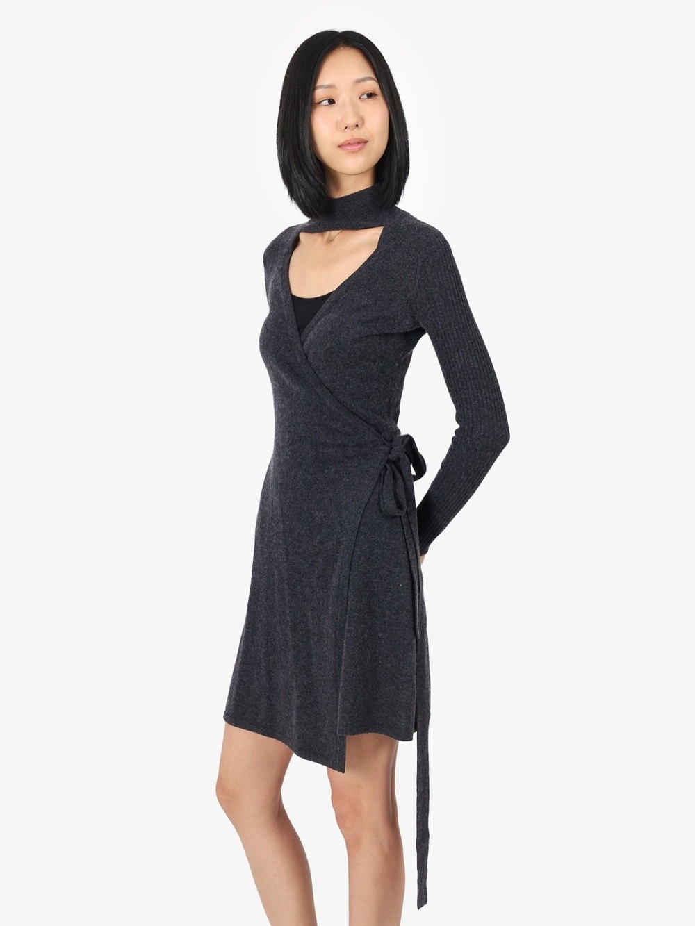 Diane Von Furstenberg Cashmere and Wool Charcoal Wrap Knit Long Sleeve Dress XS - Picture 9 of 11